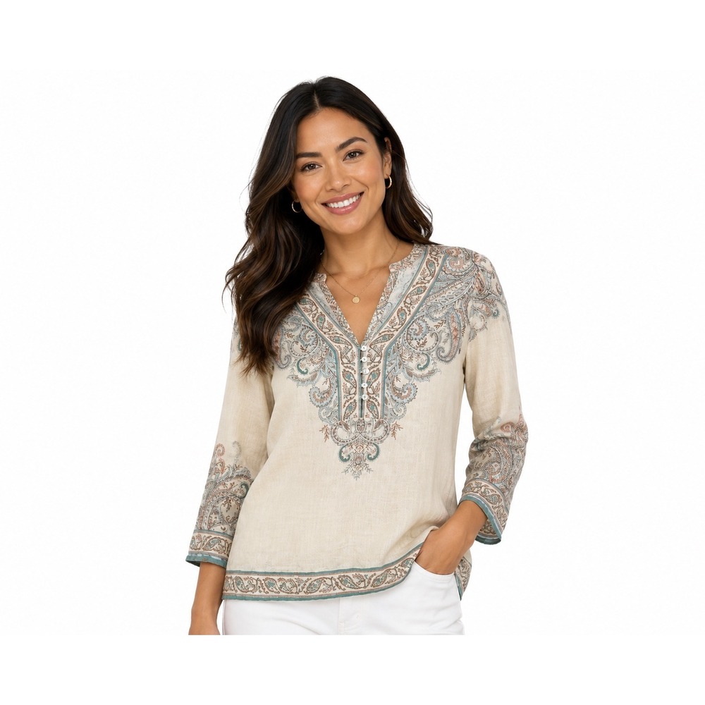 J. Jill Love Linen Paisley Tunic Top XS Oatmeal Teal V-Neck Button Front Boho